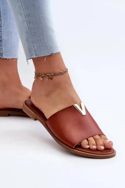 Damskie Evento Klapki Damskie Eko Skórzane Na Płaskim Obcasie Brązowe Maliha