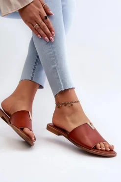 Damskie Evento Klapki Damskie Eko Skórzane Na Płaskim Obcasie Brązowe Maliha