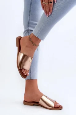 Evento Klapki Damskie Klasyczne*Klapki Damskie Eko Skórzane Na Płaskim Obcasie Złote Maliha Złoty