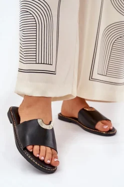 Boto Klapki Damskie Klasyczne*Klapki Damskie Eko Skórzane Z Ozdobnymi Detalami Czarne Mevith Czarny