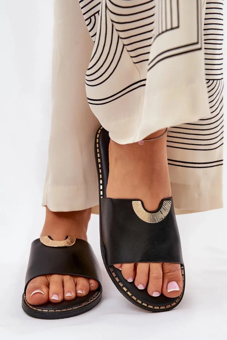 Boto Klapki Damskie Klasyczne*Klapki Damskie Eko Skórzane Z Ozdobnymi Detalami Czarne Mevith Czarny