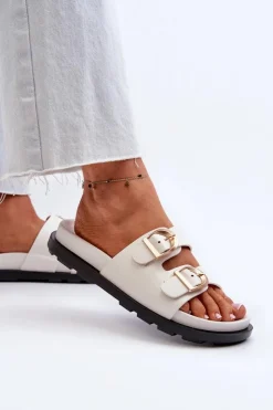 Boto Klapki Damskie Eko Skórzane Z Klamrami Białe Valmira