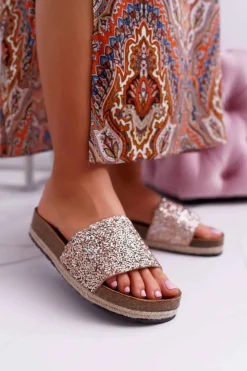 Discount Damskie buty S.Barski Klapki Damskie Eleganckie Gruba Podeszwa Złote Jersey