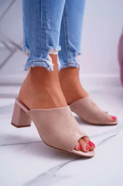 Buty Sergio Leone Klapki Na Obcasie|Klapki Damskie Klasyczne*Klapki Damskie Eleganckie Na Słupku Sergio Leone KL315 Beżowe Demilo