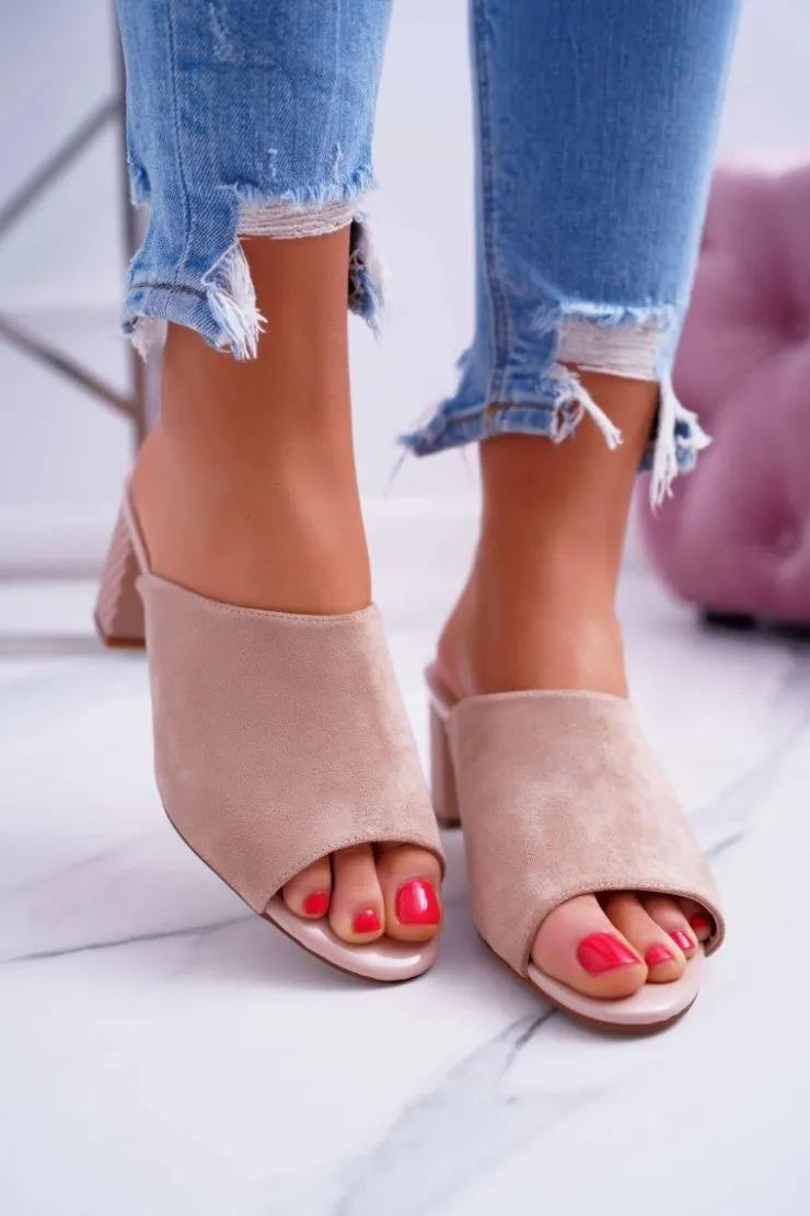 Buty Sergio Leone Klapki Na Obcasie|Klapki Damskie Klasyczne*Klapki Damskie Eleganckie Na Słupku Sergio Leone KL315 Beżowe Demilo