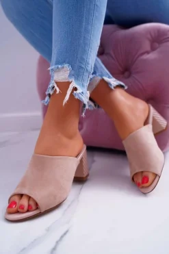 Buty Sergio Leone Klapki Na Obcasie|Klapki Damskie Klasyczne*Klapki Damskie Eleganckie Na Słupku Sergio Leone KL315 Beżowe Demilo