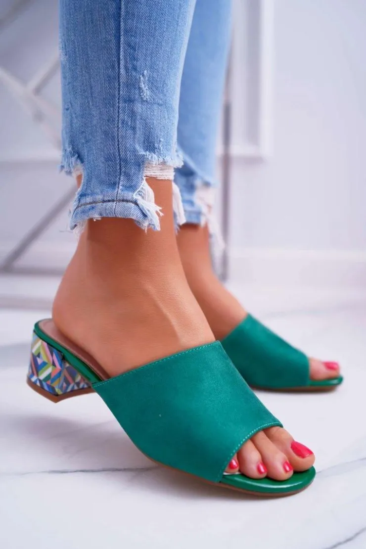 Damskie Buty Sergio Leone Klapki Damskie Eleganckie Na Klocku Zamszowe Zielone Valencia