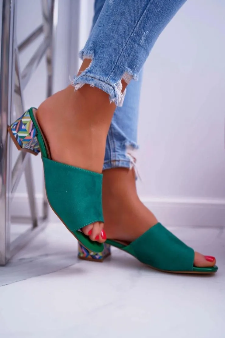 Damskie Buty Sergio Leone Klapki Damskie Eleganckie Na Klocku Zamszowe Zielone Valencia