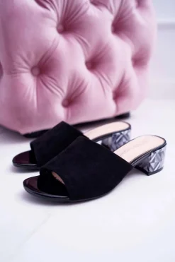 Damskie Buty Sergio Leone Klapki Damskie Eleganckie Na Klocku Zamszowe Czarne Valencia