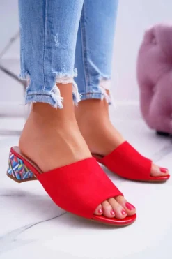 Sale Buty Sergio Leone Klapki Damskie Eleganckie Na Klocku Zamszowe Czerwone Valencia