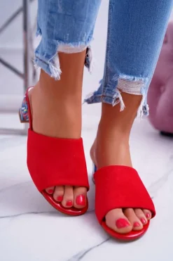 Sale Buty Sergio Leone Klapki Damskie Eleganckie Na Klocku Zamszowe Czerwone Valencia