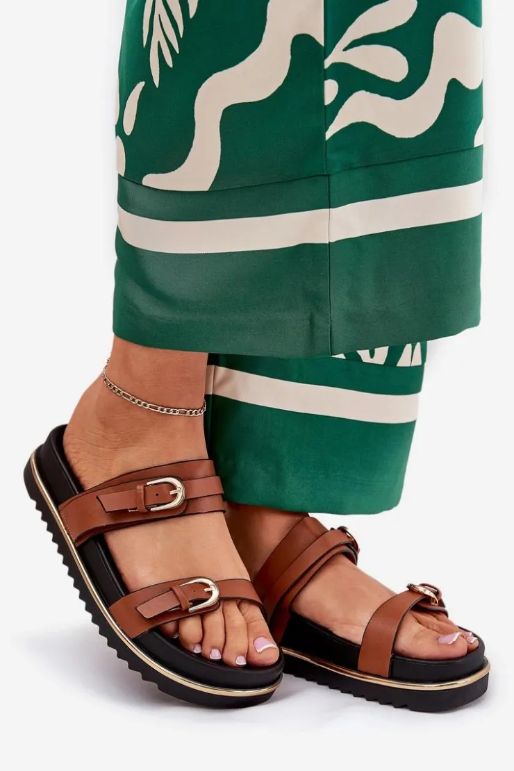 Boto Klapki Na Platformie|Klapki Damskie Klasyczne*Klapki Damskie Gładkie Na Platformie Z Paskami I Klamrami Camel Ziferte