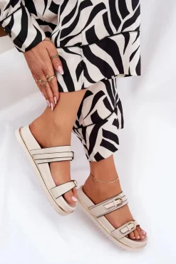 Damskie Boto Klapki Damskie Gładkie Na Platformie Z Paskami I Klamrami Jasnobeżowe Ziferte