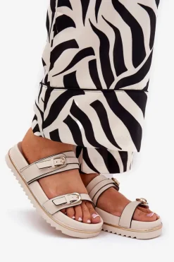 Damskie Boto Klapki Damskie Gładkie Na Platformie Z Paskami I Klamrami Jasnobeżowe Ziferte