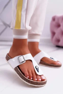 Damskie Boto Klapki Damskie Japonki Na Korku Lakierowane Białe Palette