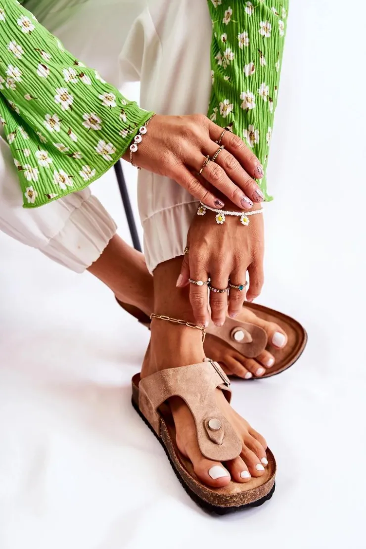 Damskie Boto Klapki Damskie Japonki Na Korku Beżowe Elina