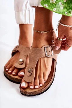 Damskie Boto Klapki Damskie Japonki Na Korku Beżowe Elina