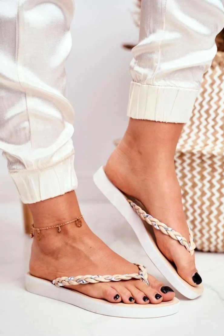 Discount Boto Klapki Damskie Japonki Pleciony Pasek Beżowe Peggie