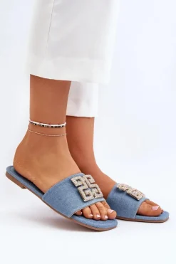 Best Boto Klapki Damskie Jeansowe Na Płaskim Obcasie Z Ozdobą Niebieskie Inaile