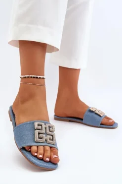 Best Boto Klapki Damskie Jeansowe Na Płaskim Obcasie Z Ozdobą Niebieskie Inaile