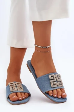 Best Boto Klapki Damskie Jeansowe Na Płaskim Obcasie Z Ozdobą Niebieskie Inaile