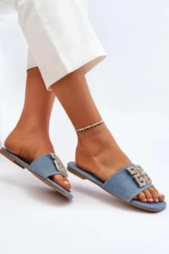 Best Boto Klapki Damskie Jeansowe Na Płaskim Obcasie Z Ozdobą Niebieskie Inaile