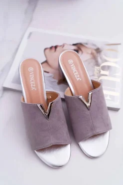 Buty damskie Vinceza Klapki Na Obcasie|Klapki Damskie Klasyczne*Klapki Damskie Klasyczne Eleganckie Na Klocku Szare Demea