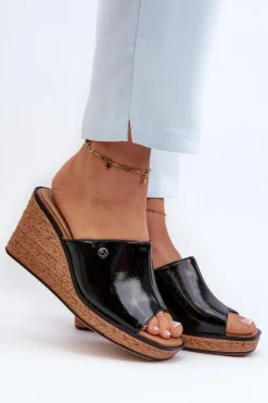 New Buty Sergio Leone Klapki Damskie Lakierowane Na Koturnie Sergio Leone KL213 Czarne