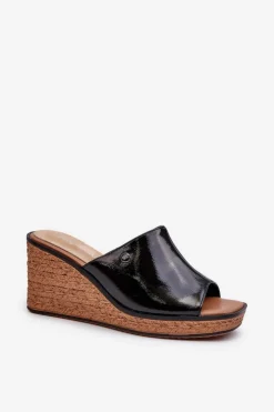 New Buty Sergio Leone Klapki Damskie Lakierowane Na Koturnie Sergio Leone KL213 Czarne