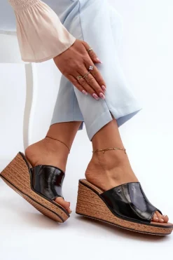 New Buty Sergio Leone Klapki Damskie Lakierowane Na Koturnie Sergio Leone KL213 Czarne