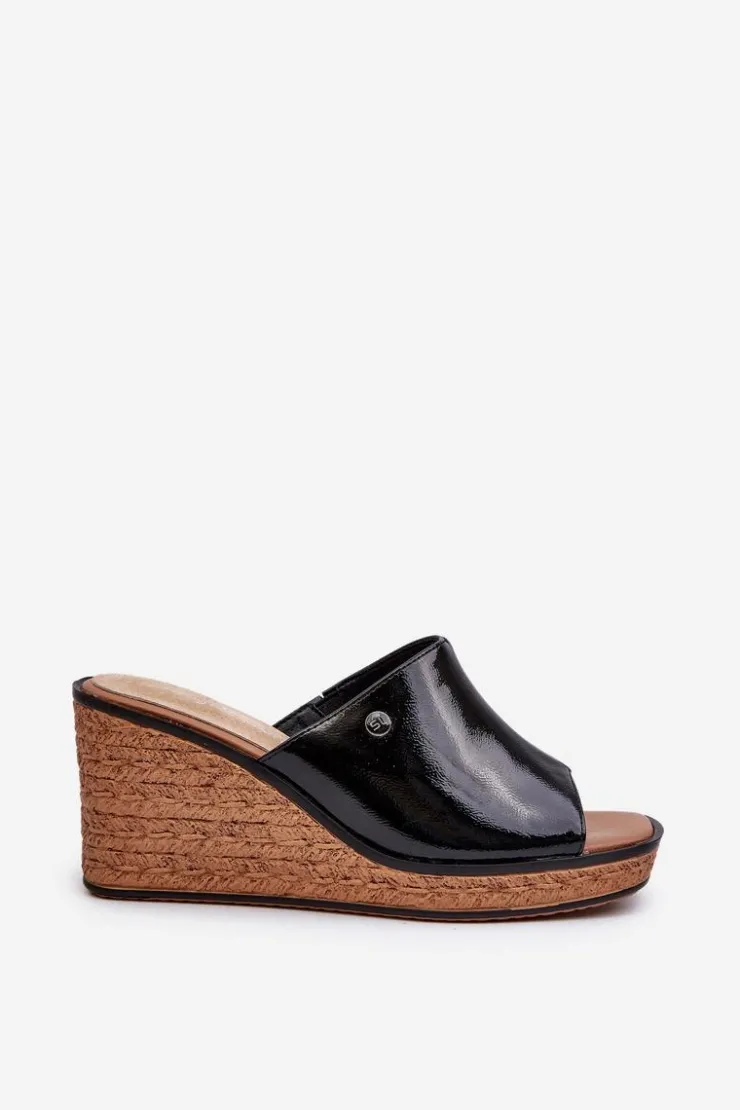 New Buty Sergio Leone Klapki Damskie Lakierowane Na Koturnie Sergio Leone KL213 Czarne