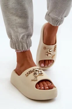 Boto Klapki Basenowe|Klapki Na Platformie*Klapki Damskie Lekkie Piankowe Z Ozdobami Beżowe Orchia