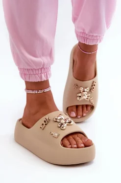 Hot Boto Klapki Damskie Lekkie Piankowe Z Ozdobami Ciemnobeżowe Orchia