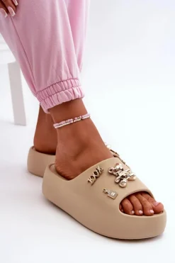 Hot Boto Klapki Damskie Lekkie Piankowe Z Ozdobami Ciemnobeżowe Orchia