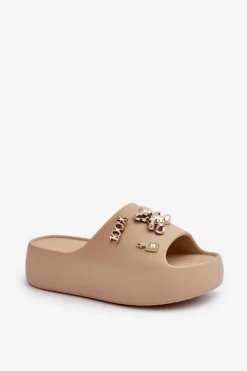 Hot Boto Klapki Damskie Lekkie Piankowe Z Ozdobami Ciemnobeżowe Orchia