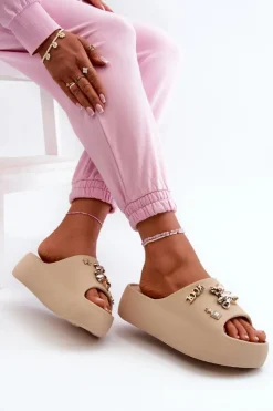 Hot Boto Klapki Damskie Lekkie Piankowe Z Ozdobami Ciemnobeżowe Orchia