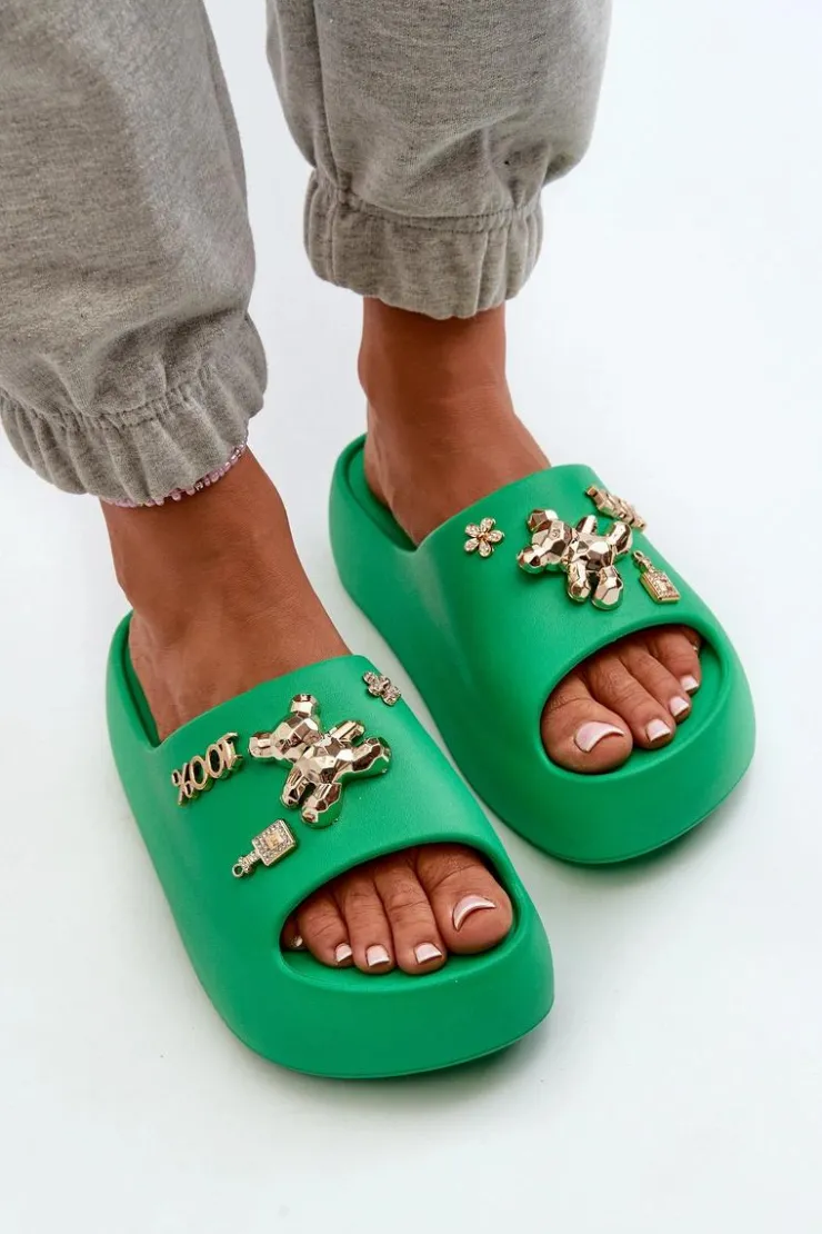 Boto Klapki Basenowe|Klapki Na Platformie*Klapki Damskie Lekkie Piankowe Z Ozdobami Zielone Orchia Zielony