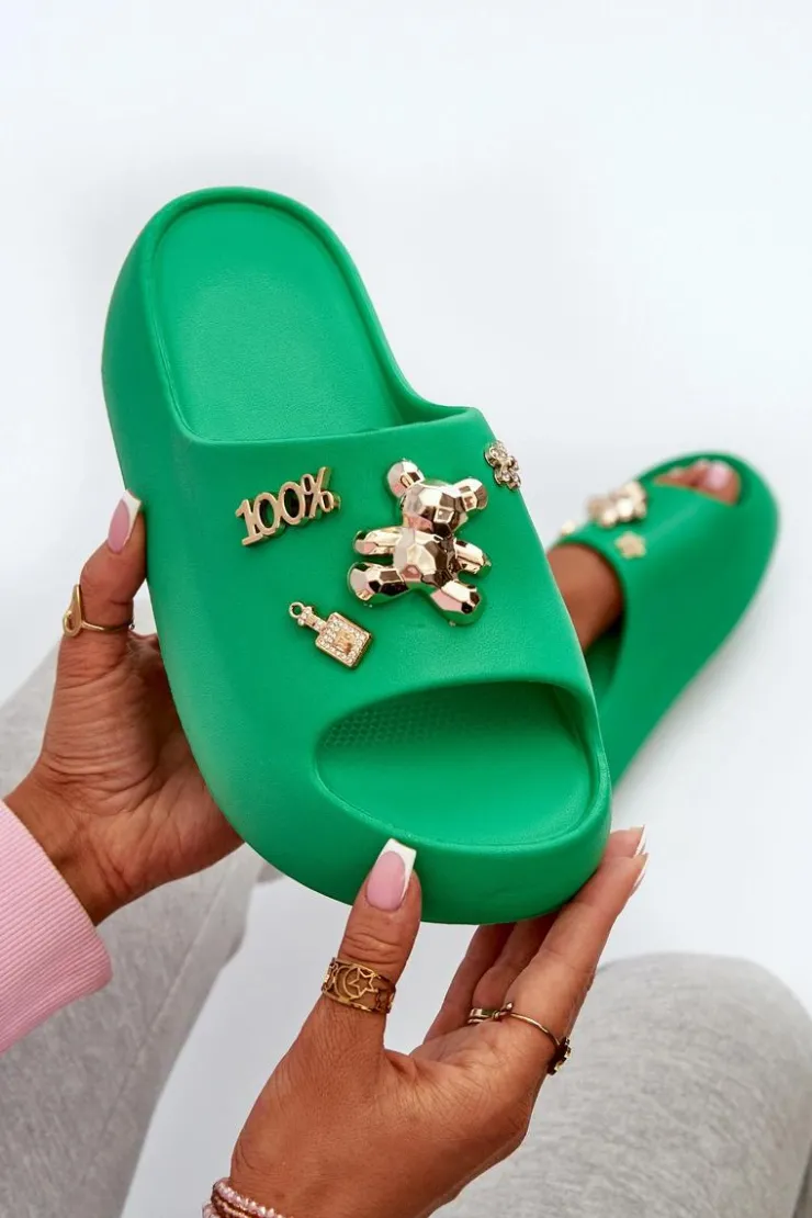 Boto Klapki Basenowe|Klapki Na Platformie*Klapki Damskie Lekkie Piankowe Z Ozdobami Zielone Orchia Zielony