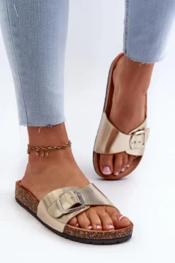 Online Boto Klapki Damskie Na Korkowej Platformie Z Klamrą Złote Moaxi