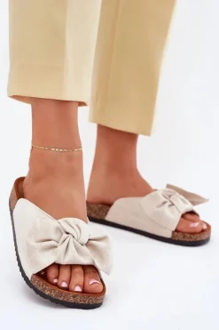 Damskie Boto Klapki Damskie Na Korkowej Podeszwie Kokardką Beżowe Seressa