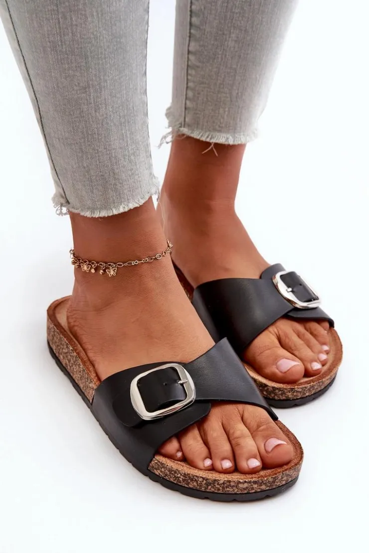 Damskie Boto Klapki Damskie Na Korkowej Platformie Z Klamrą Czarne Moaxi