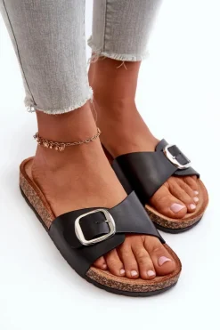 Damskie Boto Klapki Damskie Na Korkowej Platformie Z Klamrą Czarne Moaxi