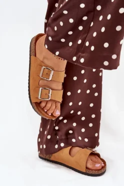 Sale Boto Klapki Damskie Na Korkowej Platformie Z Klamrami Camel Livara Brązowy