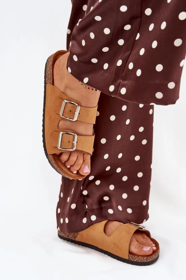 Sale Boto Klapki Damskie Na Korkowej Platformie Z Klamrami Camel Livara Brązowy