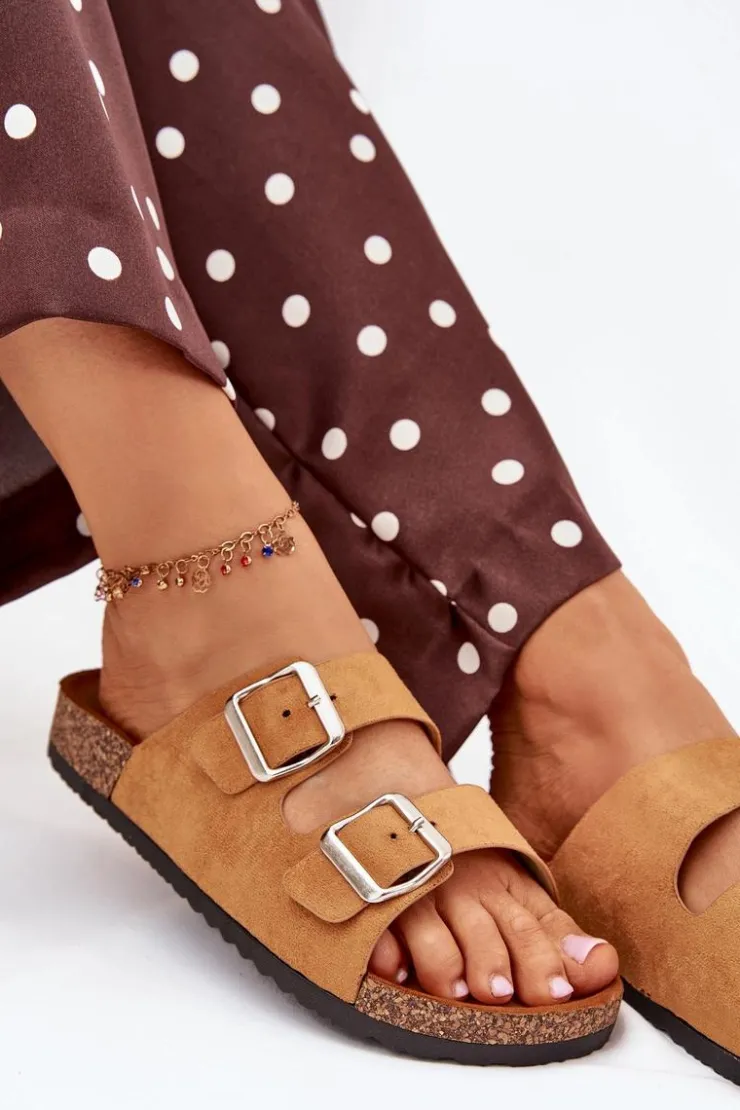 Sale Boto Klapki Damskie Na Korkowej Platformie Z Klamrami Camel Livara Brązowy