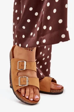 Sale Boto Klapki Damskie Na Korkowej Platformie Z Klamrami Camel Livara Brązowy