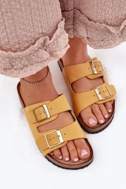 Damskie Boto Klapki Damskie Na Korkowej Platformie Klamry Żółte Evisolla