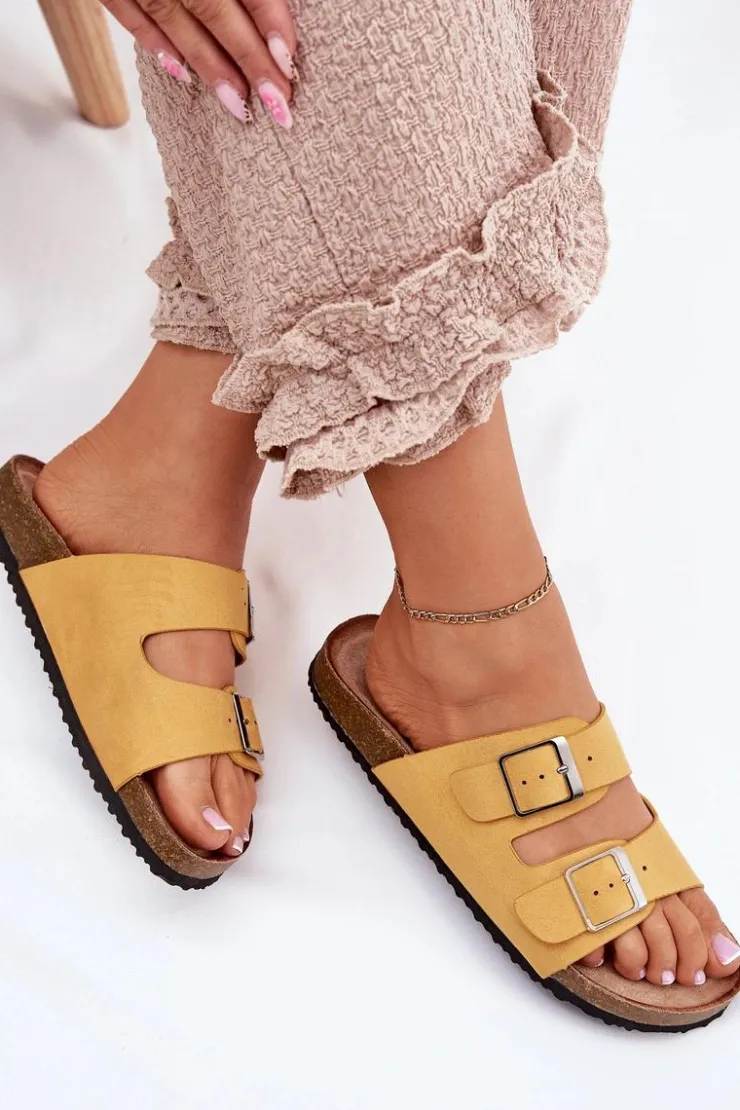 Damskie Boto Klapki Damskie Na Korkowej Platformie Klamry Żółte Evisolla