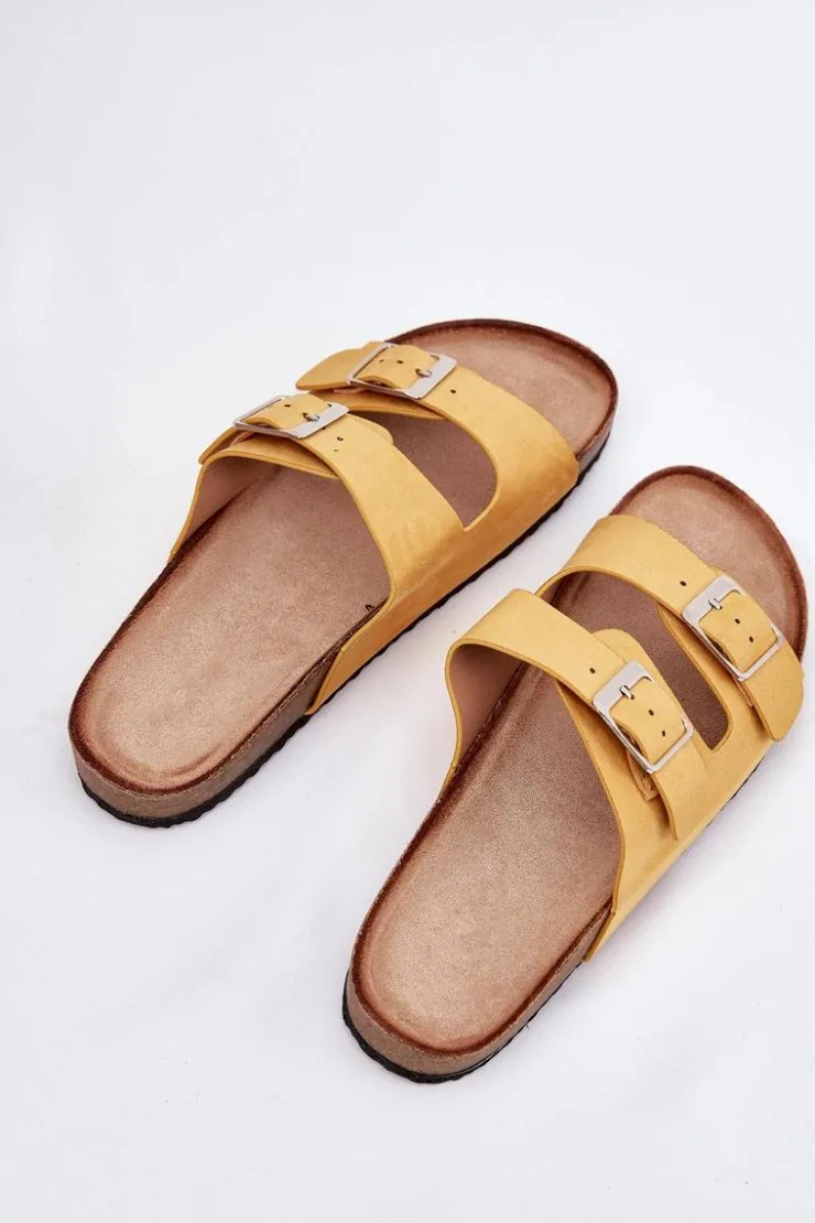 Damskie Boto Klapki Damskie Na Korkowej Platformie Klamry Żółte Evisolla