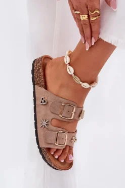 Discount Boto Klapki Damskie Na Korkowej Podeszwie Z Klamrami I Przypinkami Khaki Efadelis